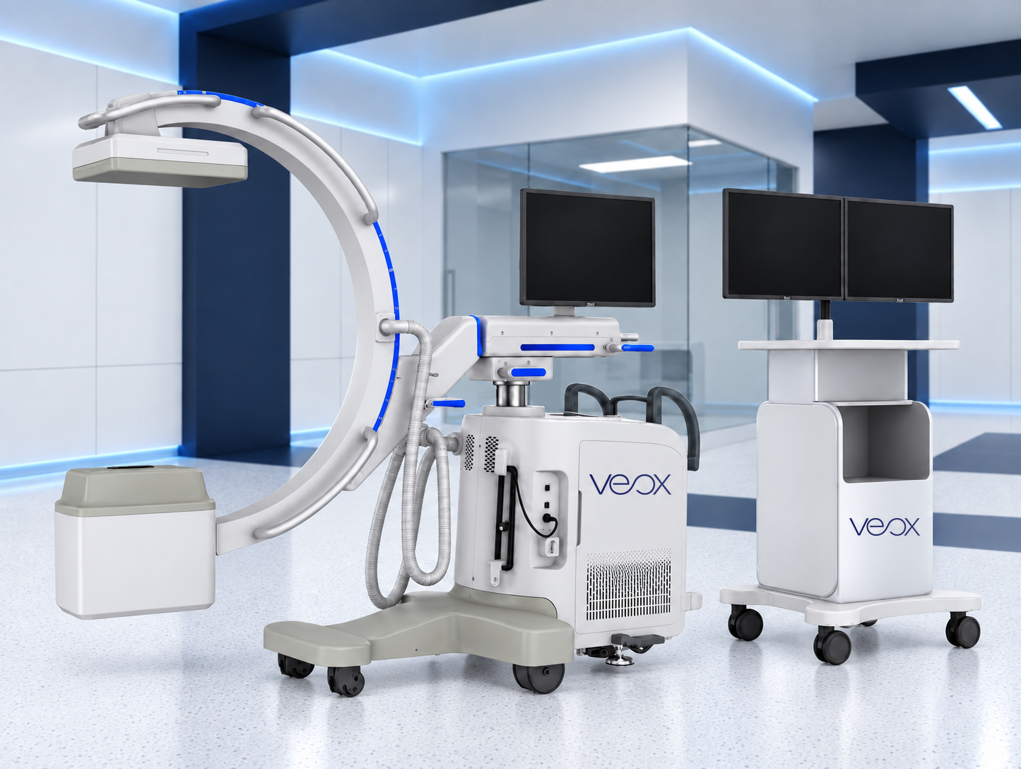 VEOX C CX Series mobile digital C-arm with flat panel detector positioned over an operating table in a surgical theatre