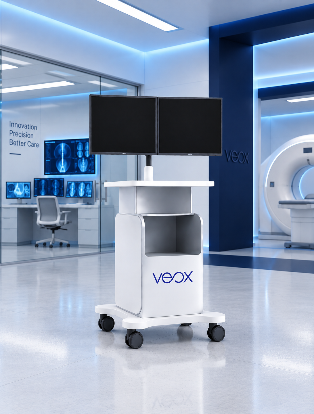 VEOX Workstation WX radiography acquisition software displaying a study list and digital radiography image on a review monitor