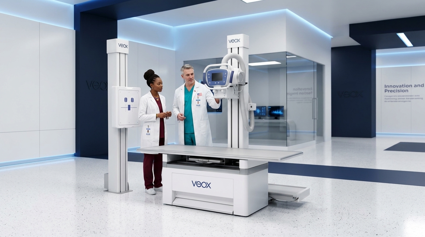 VEOX Fixed FX Series fixed digital radiography system with floating table and motorised auto-tracking tube in a hospital X-ray room