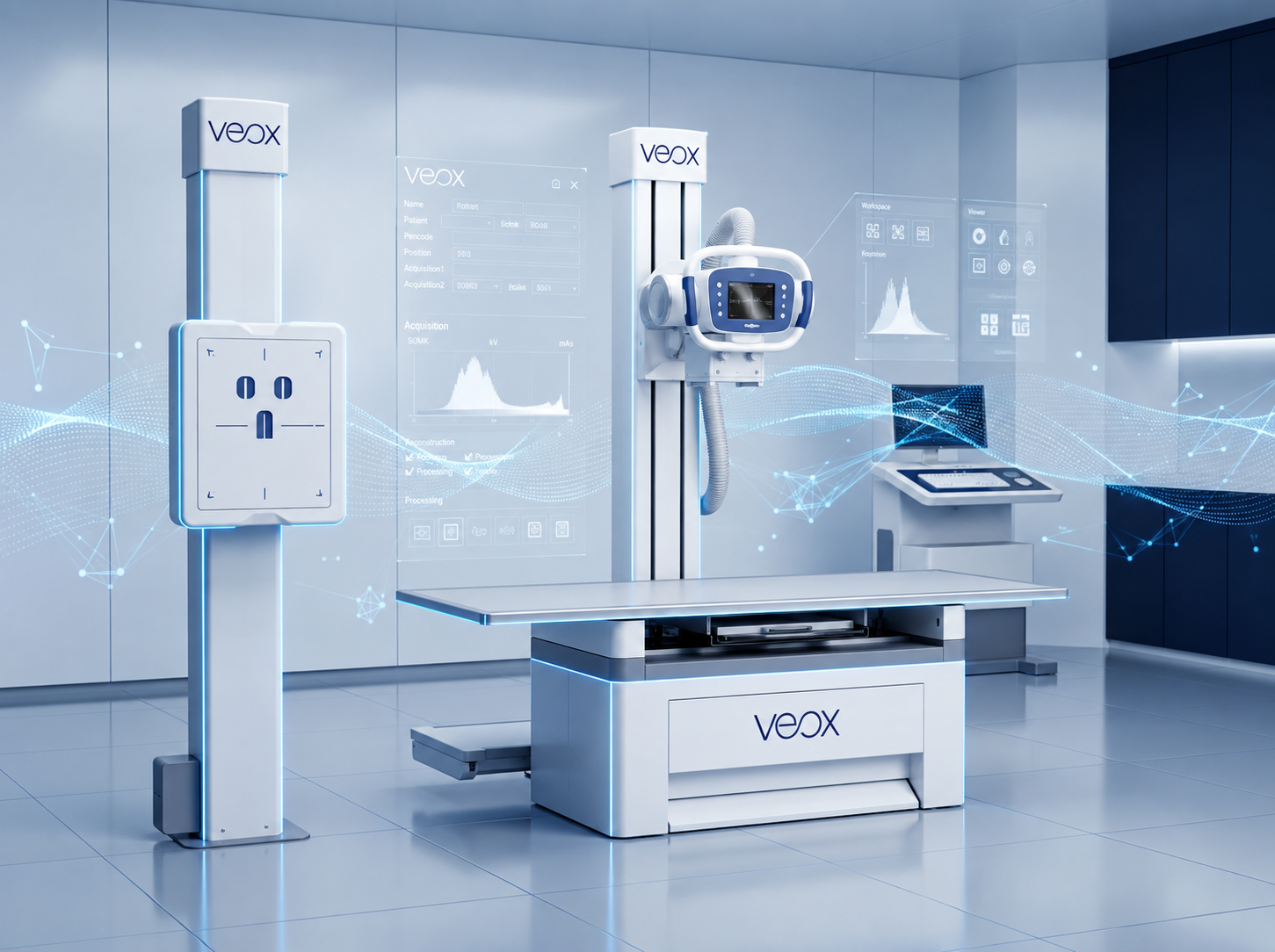 Motorised auto-tracking X-ray tube aligning with the wall stand and table detector on a VEOX FX Series fixed DR system