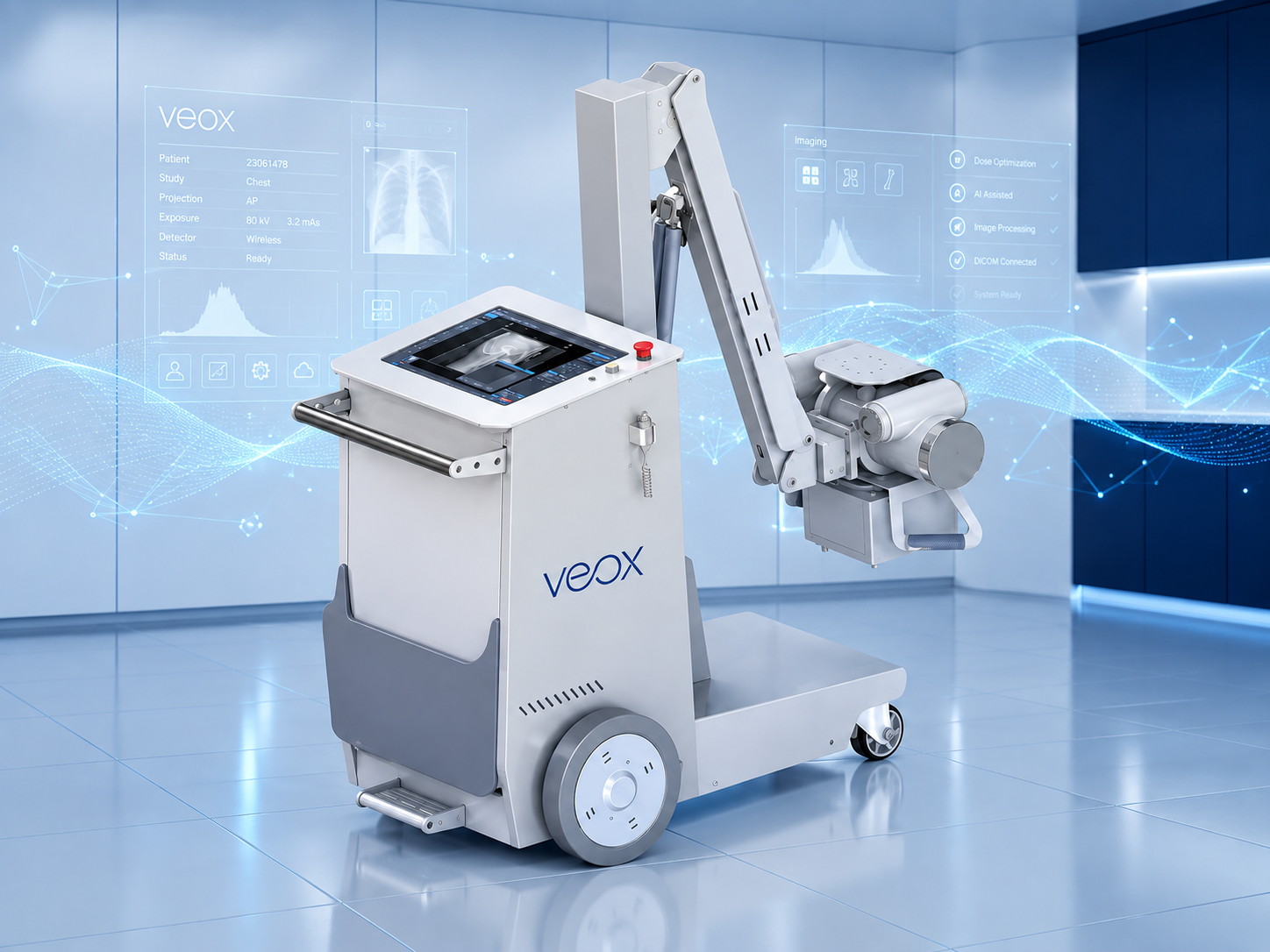 VEOX Move MX Series mobile digital radiography unit positioned at a patient bedside in a hospital ward