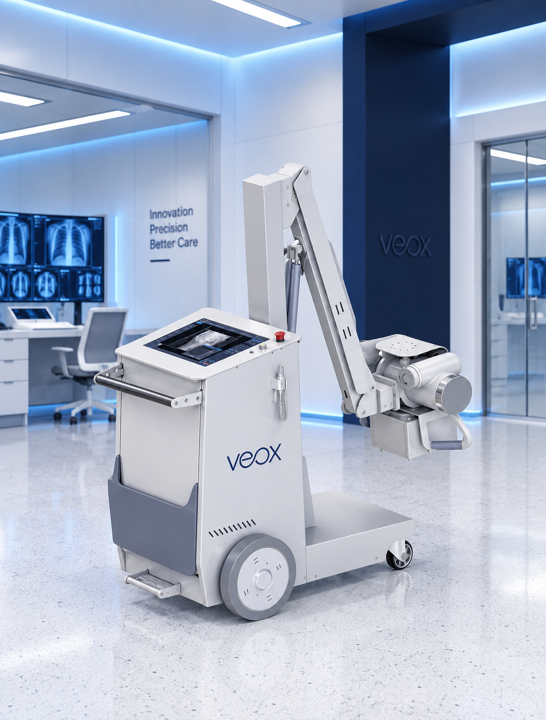 Radiographer operating the VEOX MX mobile X-ray unit with built-in workstation and wireless flat panel detector in an ICU