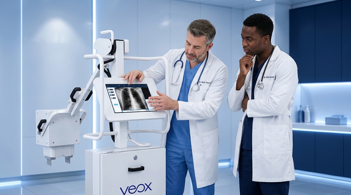 VEOX Portable PX Series portable X-ray unit with touchscreen control and folding trolley for field and bedside imaging