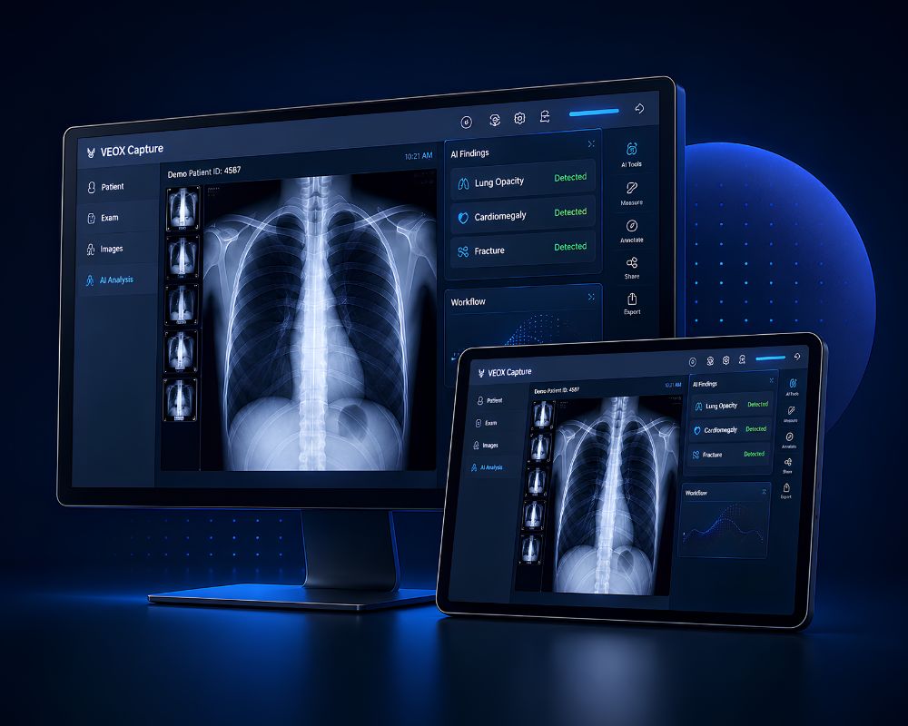 VEOX WX workstation and tablet displaying a digital chest X-ray image