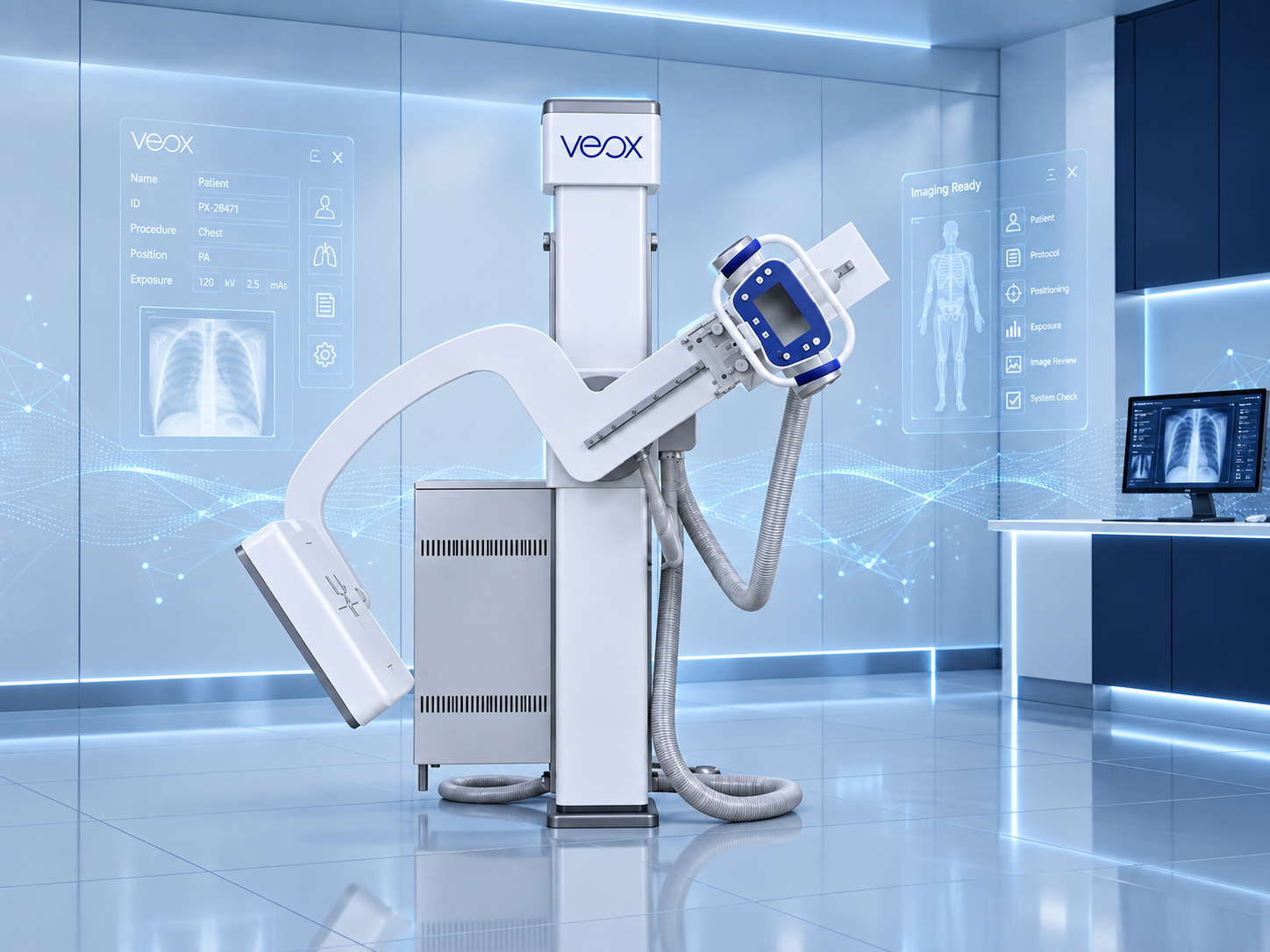 Motorised U-arm rotating to a new projection over a transparent mobile table on a VEOX UX digital radiography system