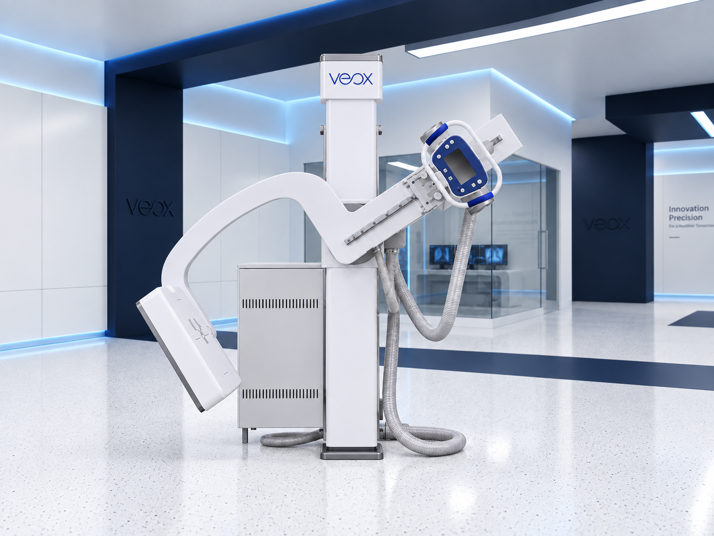 VEOX U UX Series U-arm digital radiography system with motorised arm and transparent mobile patient table