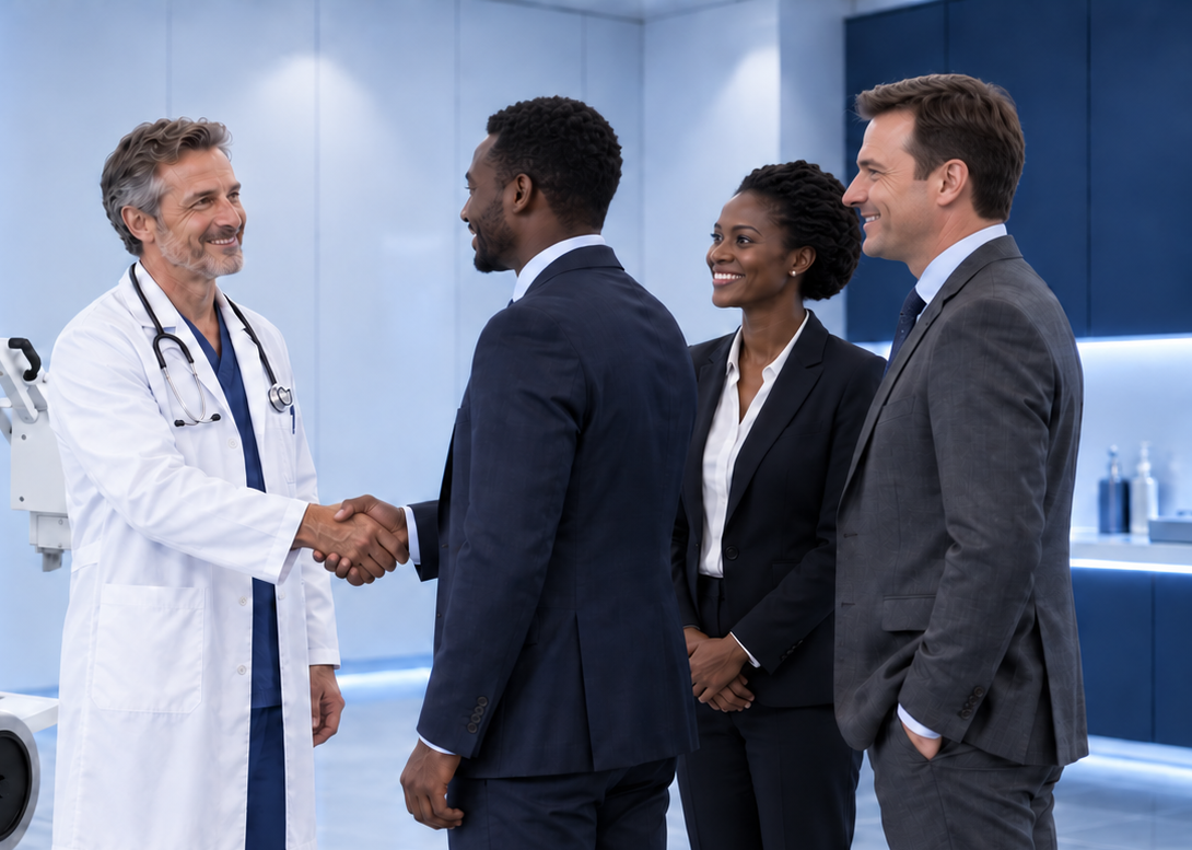 Healthcare professional shaking hands with business partners in a modern medical facility
