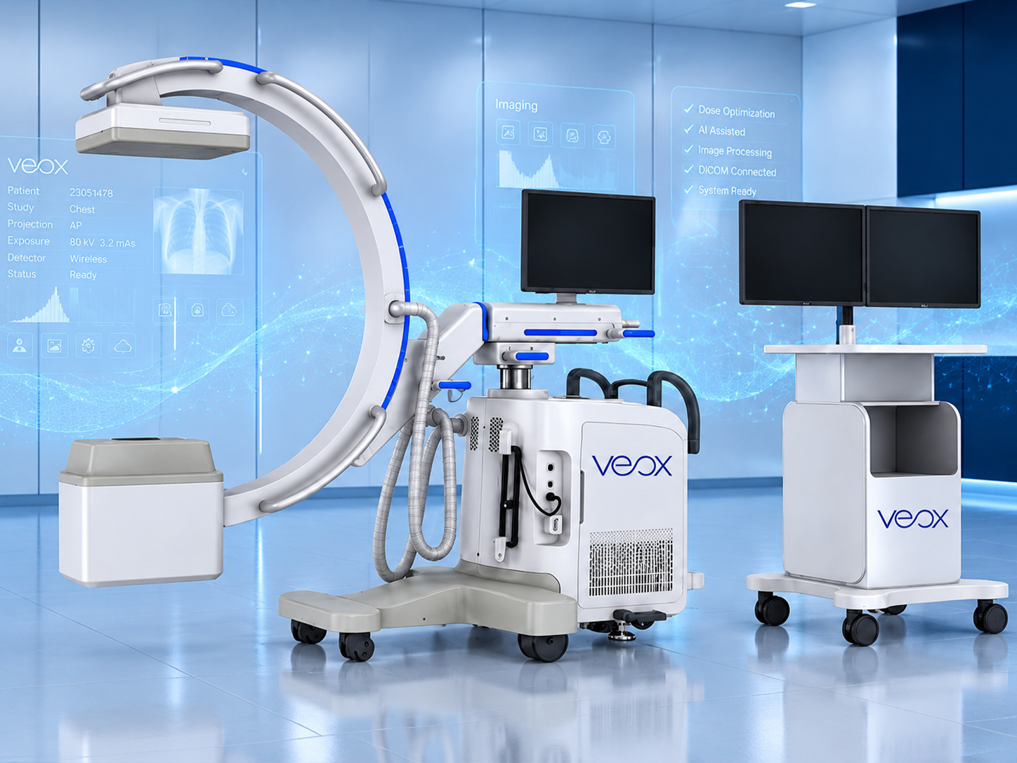 VEOX CX mobile C-arm X-ray system with dual-screen workstation