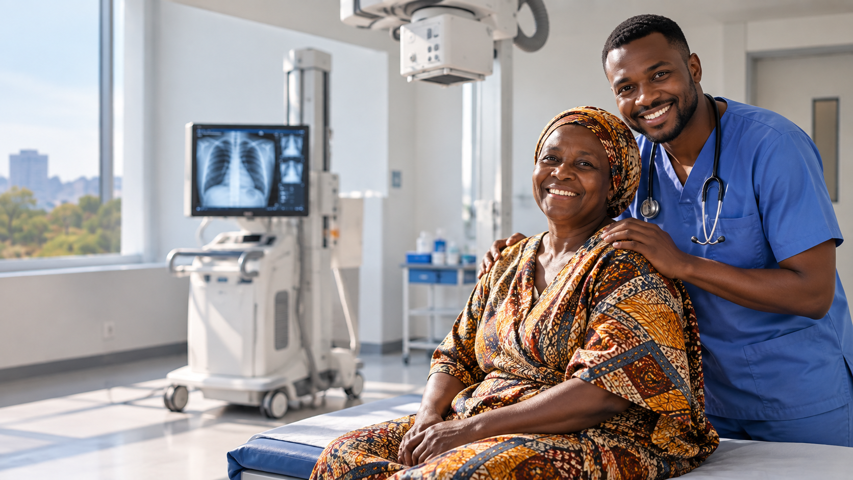 Healthcare worker in scrubs with a smiling patient beside an X-ray system