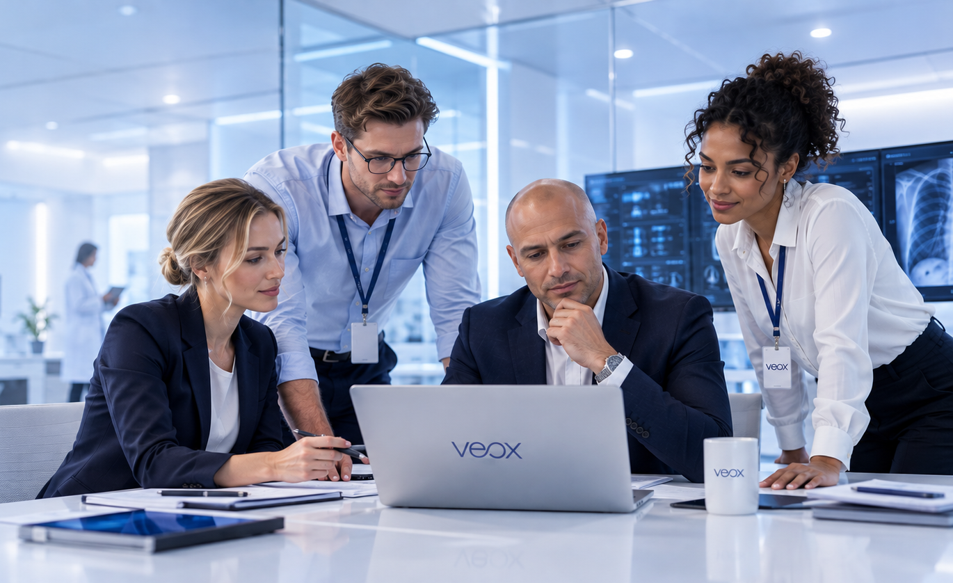 Healthcare and technology professionals reviewing a project together around a laptop