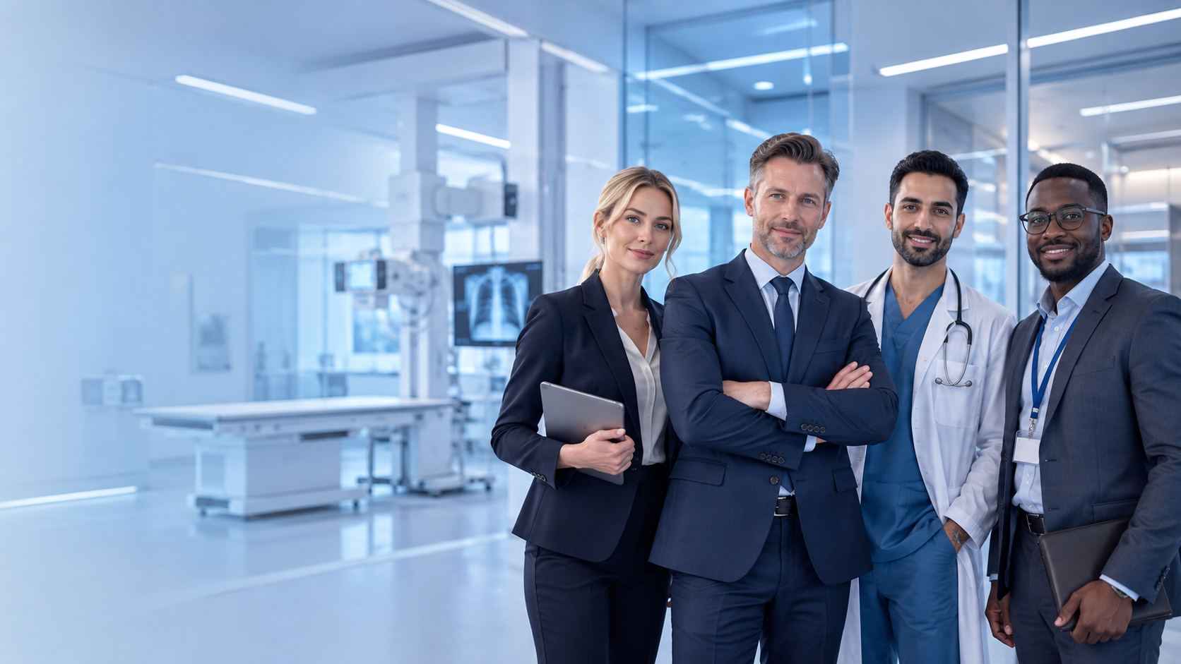Team of medical and business professionals standing together in a modern imaging suite